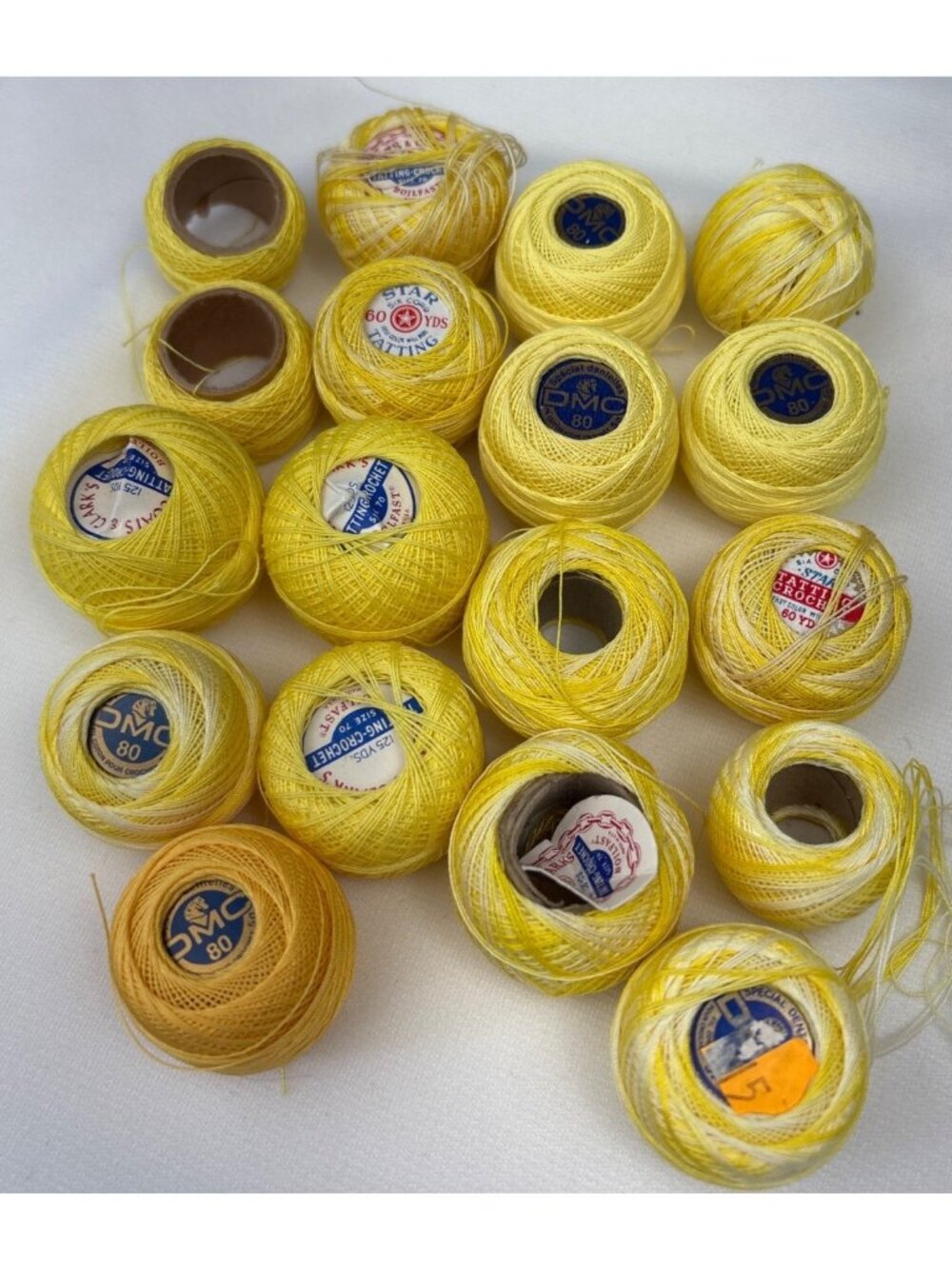 Vintage Yellow Crochet Tatting Thread Lot DMC & Coats Clarks Size 80 Balls
